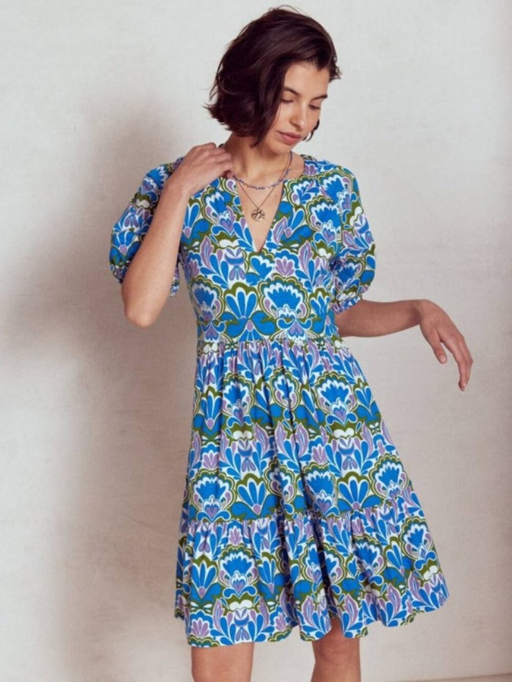 BODEN Piper Jersey Dress Blue Green Split V Neck Puffy Sleeves 14L